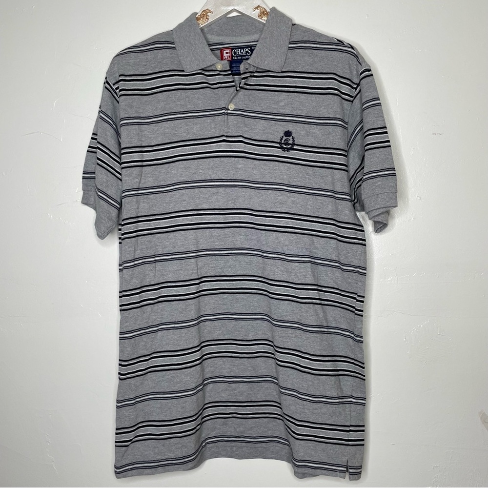 CHAPS RALPH LAUREN GRAY & BLACK STRIPED POLO SHIRT SZ M